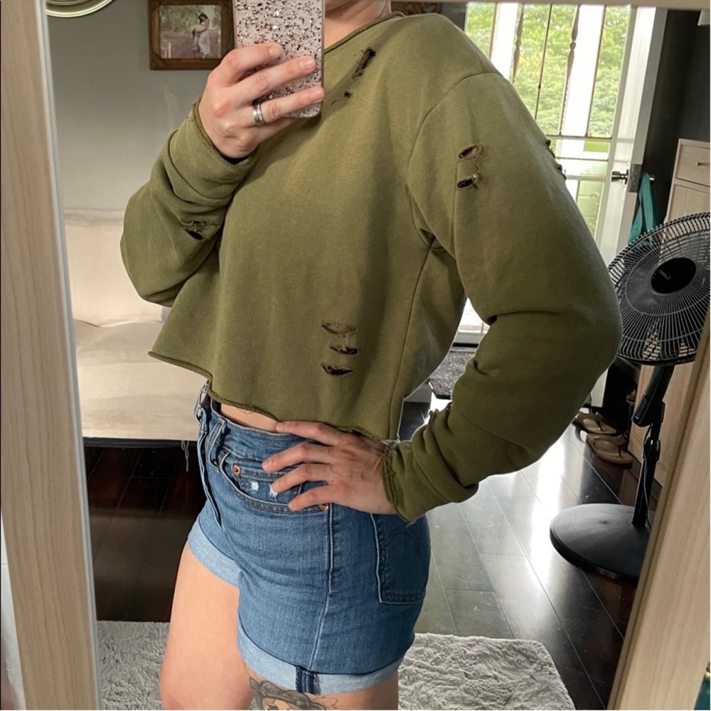 Forever 21 Olive Green Distressed Crop Sweatshirt